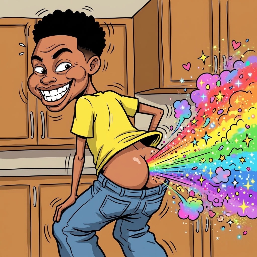 $AFD cartoon mascot blasting rainbow Fart Dust across a cartoon kitchen