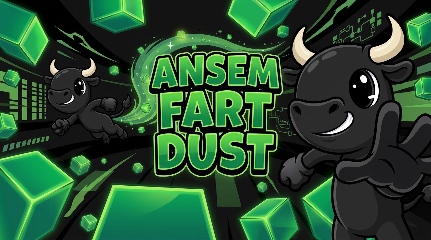 ANSEM FART DUST: BULL RUN arcade cover art β the black bull mascot sprinting through a neon green blockchain world leaving a glowing dust trail