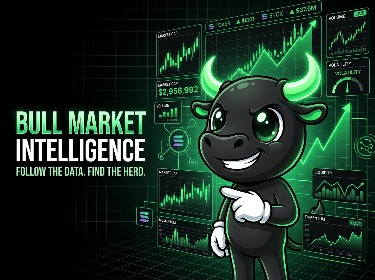 Bull Market Intelligence β the $AFD bull surrounded by live Solana market charts