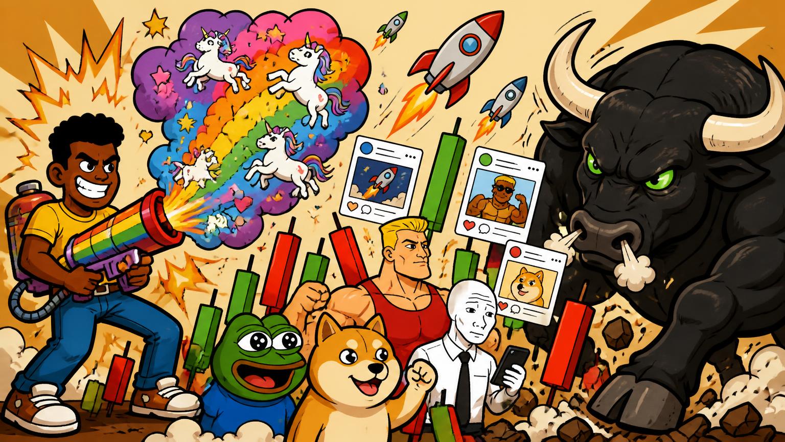 ANSEM FART DUST: BULL RUN arcade cover art β the mascot blasting Fart Dust at the Black Bull, surrounded by meme traders and candlesticks